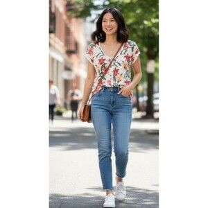 Lucky Brand Dale Hope Floral Sheer Peasant Top Hawaiian Size S